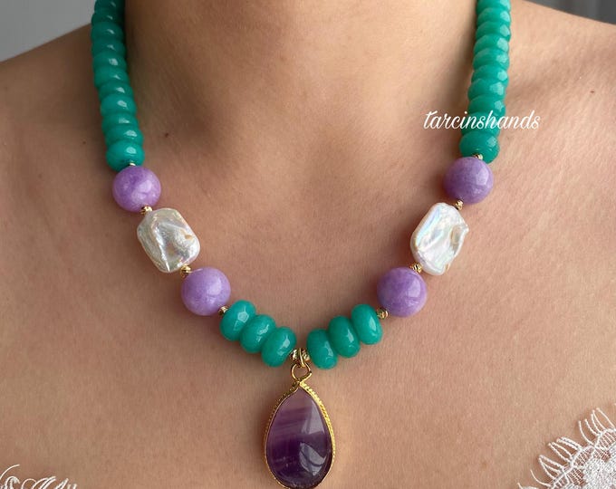 Blue Agate Lavender Jade Amethyst Pendant Side Baroque Pearl Gold Filled Necklace,Chunky Statement Bold Gemstone,Disc Semi Precious Stone