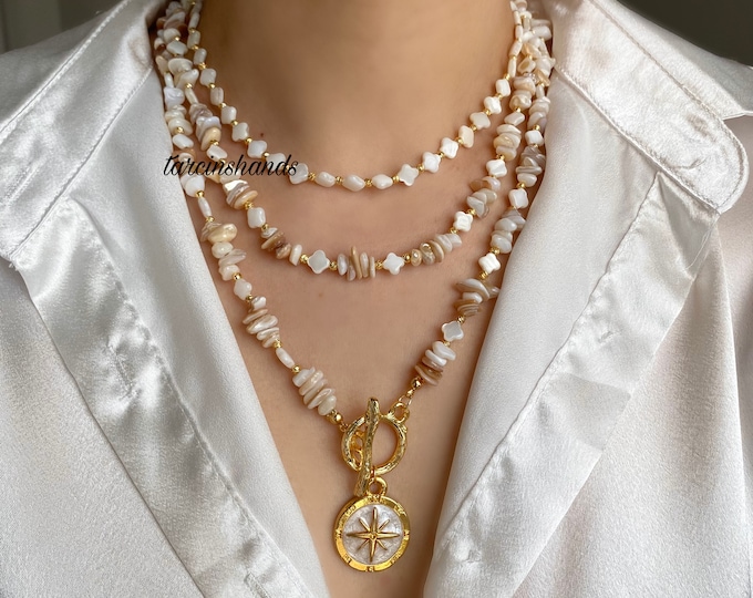 Multistrand Mother Of Pearl Gold Toggle Necklace with Compass Pendant , Statement Beige Gemstone Necklace , Gold Compass Necklace With Gem