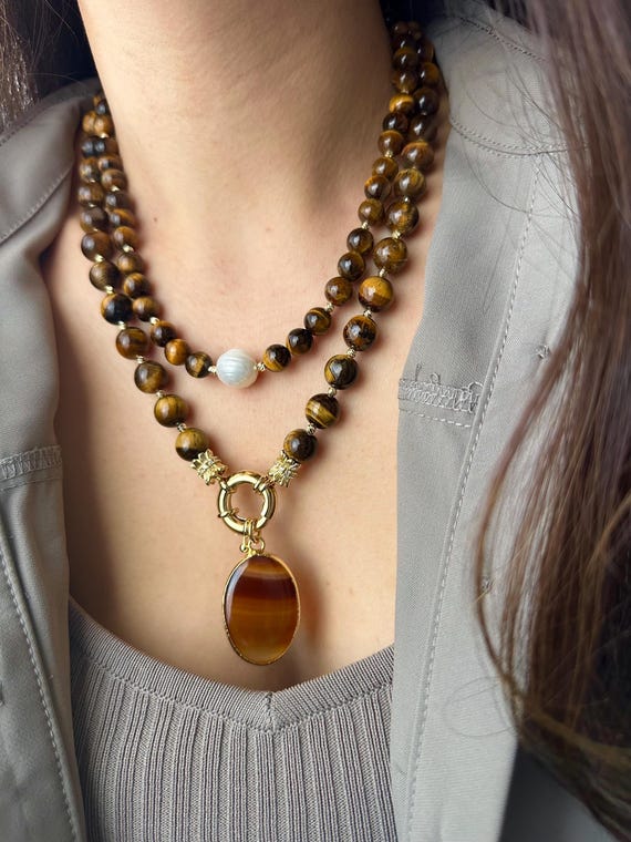 Tiger's Eye and Agate Statement Necklace, Gold Plated Multistrand Jewelry, Brown Gemstone Choker, Protection Crystal Gift, Earthy Boho Style