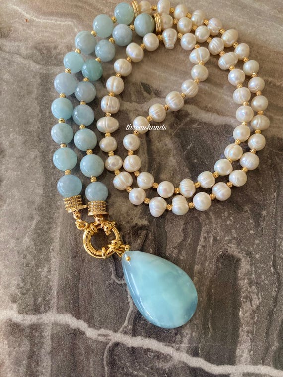 Long Aquamarine & Pearl Necklace: Gold Filled Toggle Clasp, Handmade