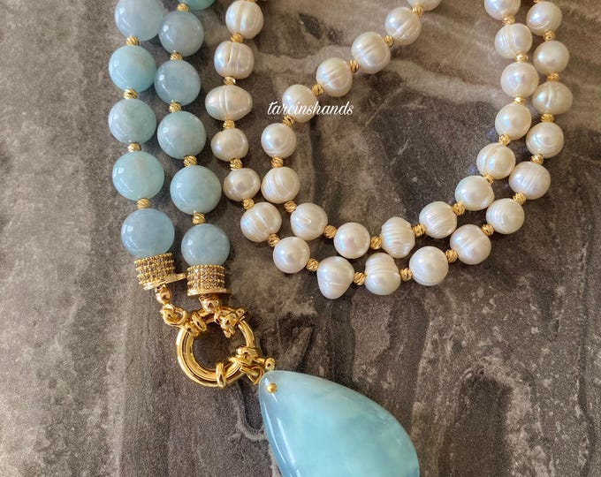 Long Aquamarine and Freshwatee Pearl Gold Filled Toggle Necklace,Statement Blue Semi Precious Stone Handmade Necklace,Gift For Women