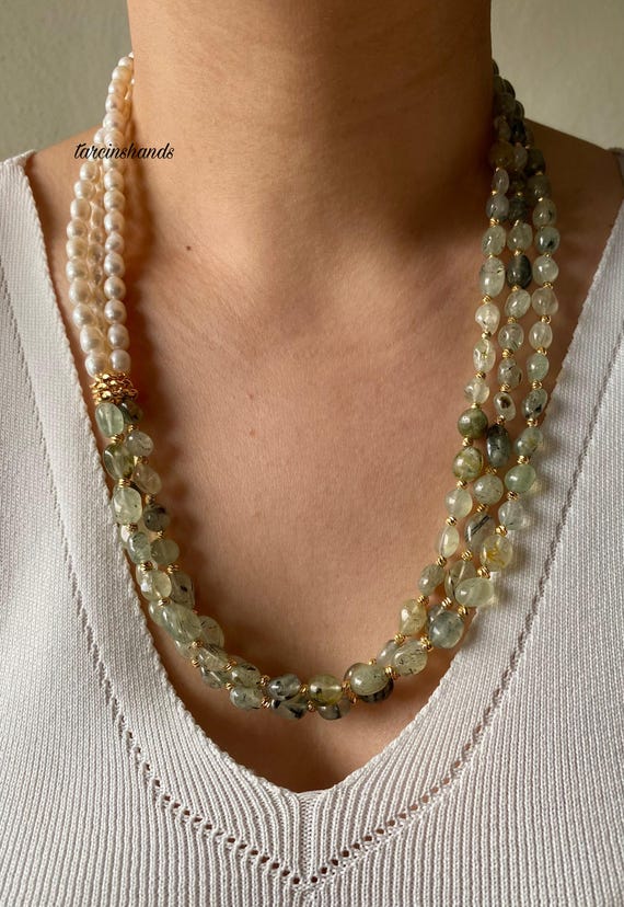 Multistrand Prehnite and Pearl Gold Filled Necklace: Handmade Gemstone Jewelry