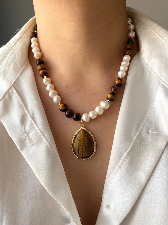 Tiger's Eye Pearl Necklace: Gold Plated Boho Gemstone Jewelry For Gift