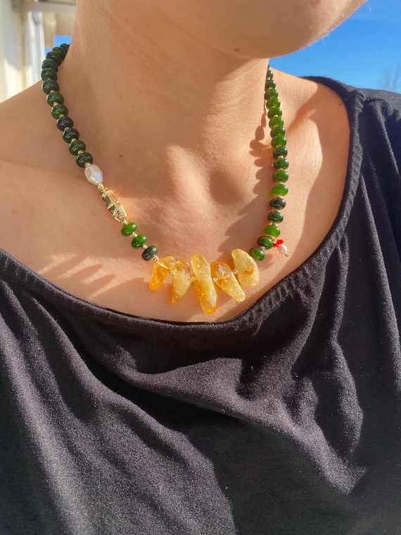 Citrine Green Agate Necklace, Boho Gold Plated Artisan Jewelry