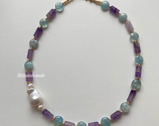 Amethyst and Aquamarine Side Baroque Pearl Gold Filled Necklace,Multistone One Big Pearl Necklace,Gift For Women,Summer Gemstone Necklace