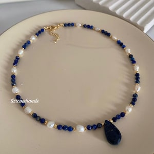 Minimalist Lapis Lazuli and Freshwater Pearl Necklace,Natural Lapis Lazuli Bead Gold Filled Necklace Dainty BlueSemi Precious Stone Necklace