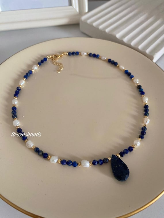 Lapis Lazuli & Freshwater Pearl Necklace: Gold-Plated Teardrop Pendant