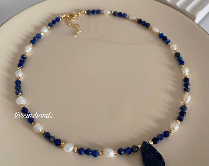 Minimalist Lapis Lazuli and Freshwater Pearl Necklace,Natural Lapis Lazuli Bead Gold Filled Necklace Dainty BlueSemi Precious Stone Necklace