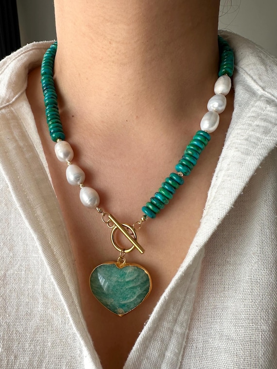 Amazonite Heart Pendant Necklace: Variscite, Freshwater Pearls, Boho Statement Gift For