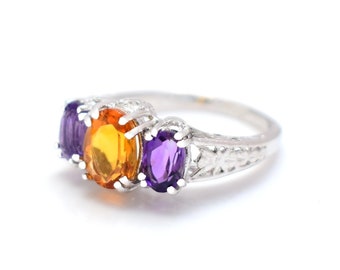 Purple Amethyst And Citrine Ring, Natural Amethyst And Citrine Ring, 925 Sterling Silver Ring, Engagement Ring, 3 Stone Ring PSR-54