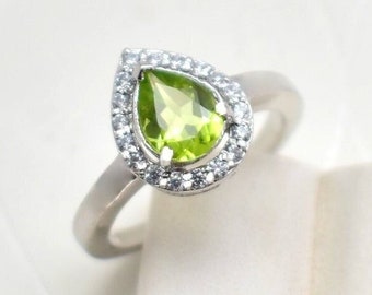 14 k Gold Peridot And Diamond Ring, Peridot Engagement Ring, 925 Sterling Silver Peridot Facet Ring, PSR-139