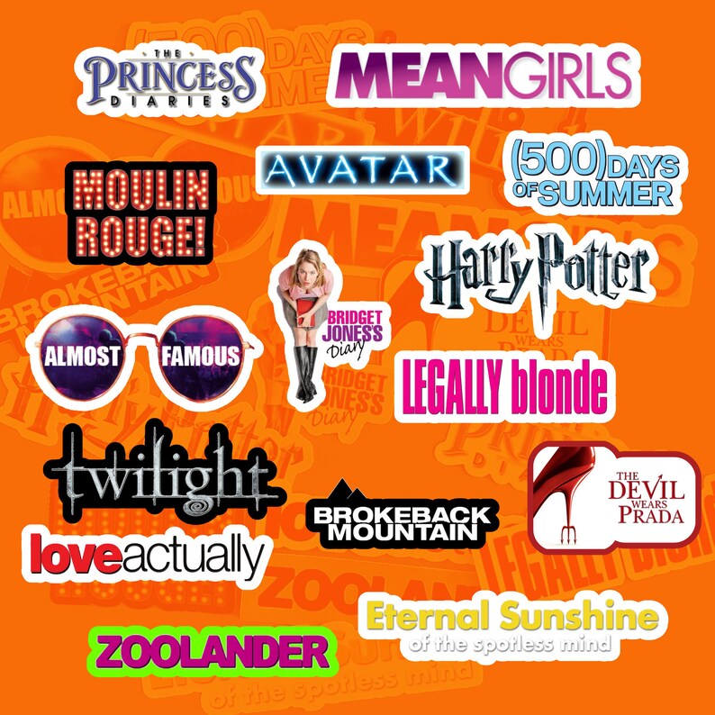 K&ouml;nnte beinhalten: Eine Collage von Filmtiteln auf bunten Stickern, darunter "Die Prinzessin Diaries", "Mean Girls", "Moulin Rouge", "Avatar", "(500) Days of Summer", "Harry Potter", "Nat&uuml;rlich Blond", "Twilight", "Love Actually", "Brokeback Mountain", "Der Teufel tr&auml;gt Prada", "Zoolander" und "Eternal Sunshine of the Spotless Mind".