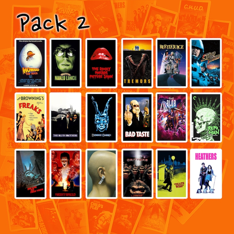 May include: A collage of movie posters featuring horror and cult classic films. The posters are arranged in a grid of 3 rows and 4 columns. Some of the films featured include "Howard the Duck", "Naked Lunch", "The Rocky Horror Picture Show", "Tremors", "Beetlejuice", "Freaks", "The Blues Brothers", "Donnie Darko", "Bad Taste", "The Blob", "Repo Man", "Escape from New York", "Nightbreed", "Child's Play", "Critters", "Death Wish", and "Heathers".