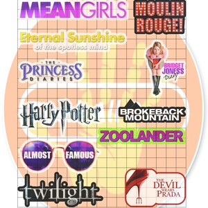 K&ouml;nnte beinhalten: Ein Rasterbild mit Filmtiteln in bunter Schrift. Die Titel umfassen Mean Girls, Moulin Rouge,  Eternal Sunshine of the Spotless Mind, The Princess Diaries, Harry Potter, Brokeback Mountain, Zoolander, Almost Famous, Twilight und Der Teufel tr&auml;gt Prada.