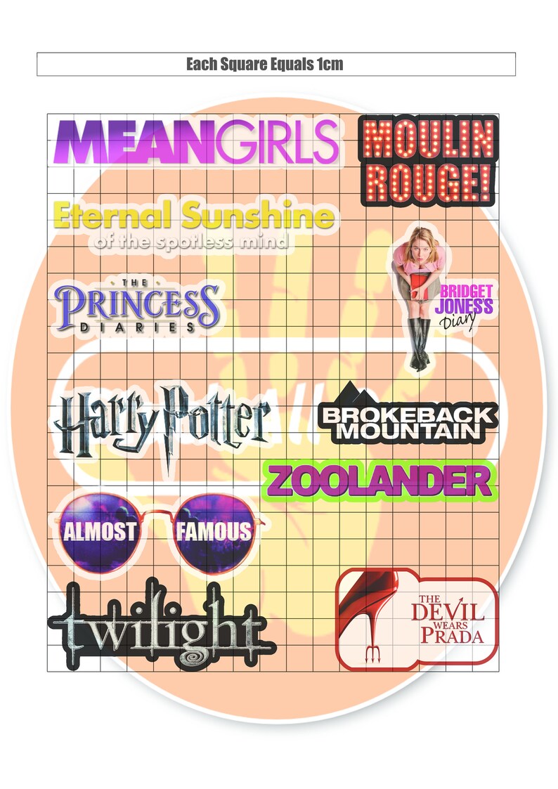 K&ouml;nnte beinhalten: Ein Rasterbild mit Filmtiteln in bunter Schrift. Die Titel umfassen Mean Girls, Moulin Rouge,  Eternal Sunshine of the Spotless Mind, The Princess Diaries, Harry Potter, Brokeback Mountain, Zoolander, Almost Famous, Twilight und Der Teufel tr&auml;gt Prada.
