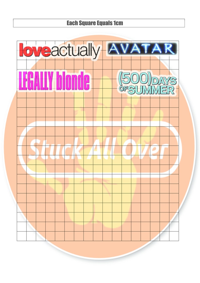 K&ouml;nnte beinhalten: Ein gerasterter Kreis mit einem pfirsichfarbenen Hintergrund und einem gelben Handabdruck in der Mitte. Der Handabdruck tr&auml;gt den Text "Stuck All Over". Auf dem Raster sind vier Filmtitel geschrieben: "loveactually", "AVATAR", "LEGALLY blonde" und "(500) DAYS OF SUMMER". Jedes Quadrat im Raster ist 1 cm gro&szlig;.