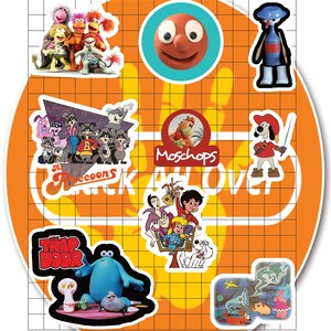 May include: A collection of 10 cartoon character stickers on a grid background. The stickers feature characters from The Raccoons, Moschops, The Trap Door, and other classic children's shows. Each square on the grid is 1 cm.