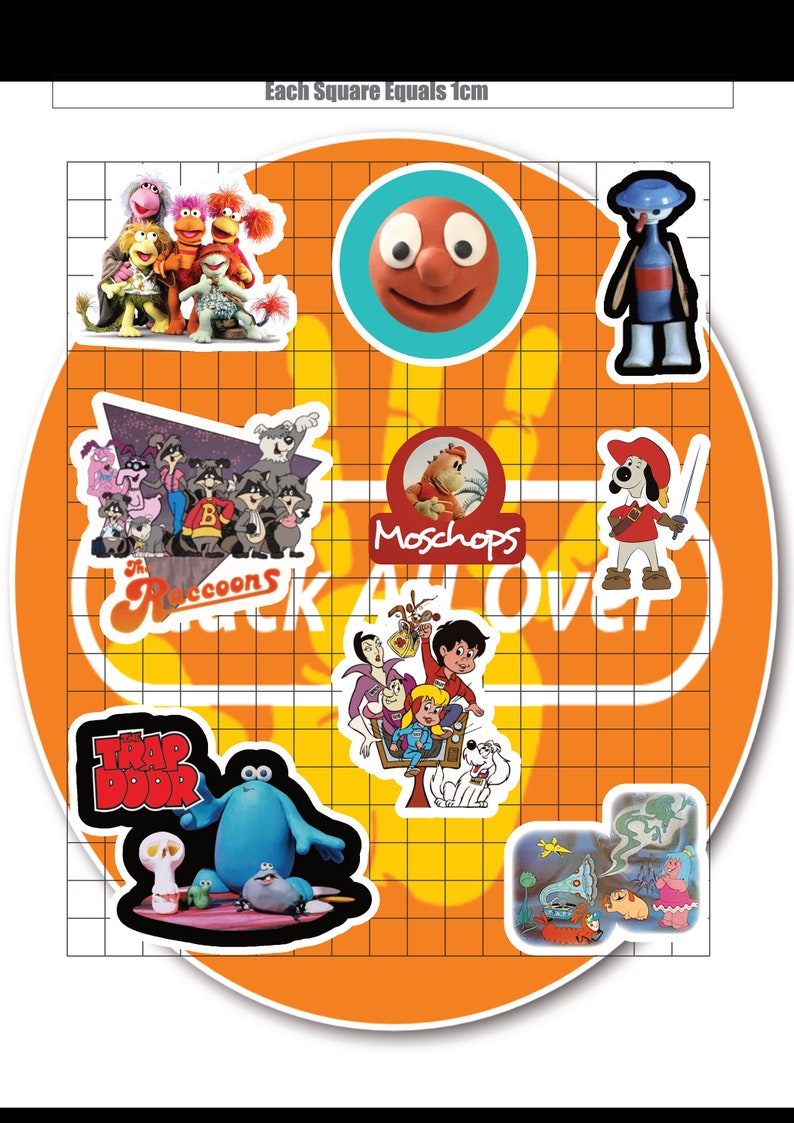 May include: A collection of 10 cartoon character stickers on a grid background. The stickers feature characters from The Raccoons, Moschops, The Trap Door, and other classic children's shows. Each square on the grid is 1 cm.