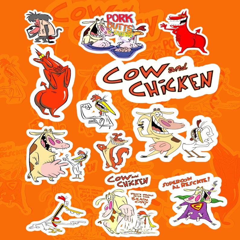 Op de afbeelding: Een verzameling kleurrijke cartoon stickers met personages uit de animatieserie Cow and Chicken. De stickers tonen de hoofdpersonages Cow and Chicken, evenals andere personages zoals het rode monster, de eekhoorn en de kip. De stickers zijn allemaal in cartoon stijl en hebben een helder, kleurrijk ontwerp.