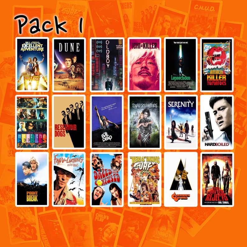 May include: A collage of movie posters featuring titles like "Billated's Excellent Adventure", "Dune", "Oldboy", "Ichi the Killer", "Reservoir Dogs", "Evil Dead", "Edward Scissorhands", "Serenity", "Hard Boiled", "Point Break", "Fear and Loathing in Las Vegas", "Deep in the  CHeese", "Weird Al Yankovic's UHF", "Leprechaun", "Attack of the Killer Tomatoes", "The  Texas Chainsaw Massacre", "Child's Play", "The Ring", "The  Thing".