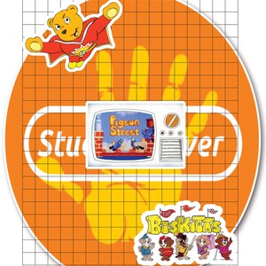 May include: A round orange sticker with a grid pattern, featuring a cartoon bear wearing a red cape and a television screen with the words "Pigeon Street". The sticker also includes a group of cartoon dogs with the words "The Biskiits".
