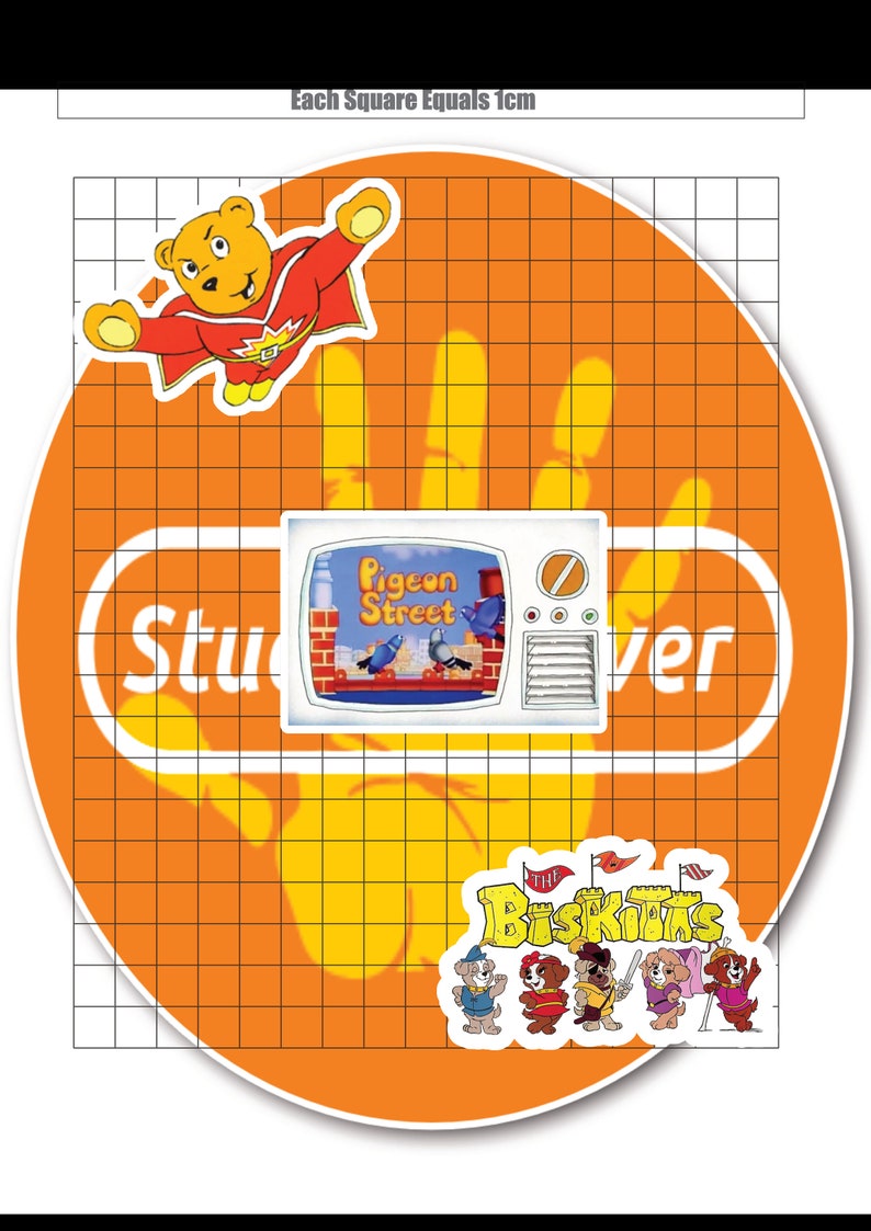 May include: A round orange sticker with a grid pattern, featuring a cartoon bear wearing a red cape and a television screen with the words "Pigeon Street". The sticker also includes a group of cartoon dogs with the words "The Biskiits".