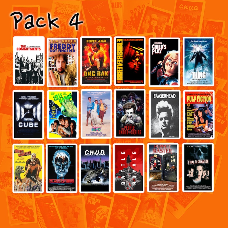 May include: A collage of movie poster covers featuring titles like "The Commitments", "Tom Green Got Fingered", "Ong-Bak", "Eraserhead", "Child's Play", "Pulp Fiction", "Cube", "C.H.U.D.", "People Under the Stairs", "Battle Royale", "Puppet Master", and "Final Destination".