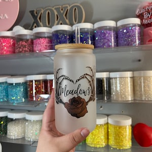 Haunting Adeline “meadows” heart skull hands 16 oz glass frosted cup!