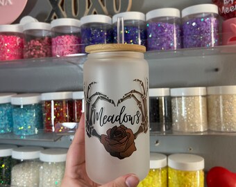 Haunting Adeline “meadows” heart skull hands 16 oz glass frosted cup!