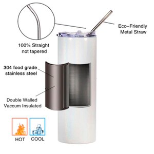 May include: A white stainless steel tumbler with a double-walled vacuum insulated design. The tumbler has a clear lid and comes with a metal straw. The text "100% Straight not tapered" and "304 food grade stainless steel" is visible on the image. The tumbler is shown with a cut-away view to show the double-walled construction. The text "Eco-Friendly Metal Straw" is also visible on the image.