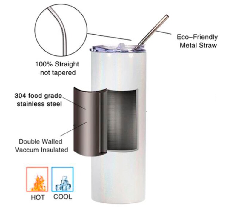 May include: A white stainless steel tumbler with a double-walled vacuum insulated design. The tumbler has a clear lid and comes with a metal straw. The text "100% Straight not tapered" and "304 food grade stainless steel" is visible on the image. The tumbler is shown with a cut-away view to show the double-walled construction. The text "Eco-Friendly Metal Straw" is also visible on the image.