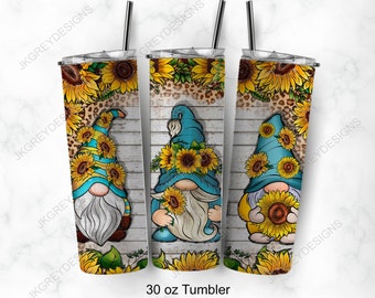 Sunflower Gnome Tumbler | Personalized 30 oz Stainless Steel Travel Mug