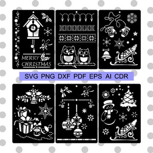 Christmas new year decor digital stencil templates svg, Reusable winter stencils cricut silhouette, Christmas scene bundle dxf, New year