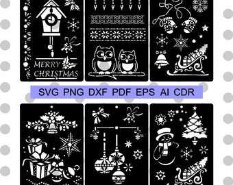 Christmas new year decor digital stencil templates svg, Reusable winter stencils cricut silhouette, Christmas scene bundle dxf, New year