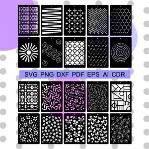 May include: A set of 18 digital design files featuring various geometric and floral patterns. The designs are black and white with some featuring pink accents. The files are available in SVG, PNG, DXF, PDF, EPS, AI, and CDR formats.