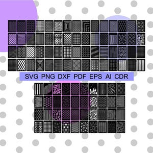 Könnte beinhalten: Ein Satz von 100 geometrischen Mustern in Schwarzweiß. Die Muster sind in einem Raster von 10 Reihen und 10 Spalten angeordnet. Die Muster sind alle unterschiedlich und umfassen eine Vielzahl von Formen, Linien und Texturen. Der Text "SVG PNG DXF PDF EPS AI CDR" wird am unteren Rand des Bildes angezeigt.