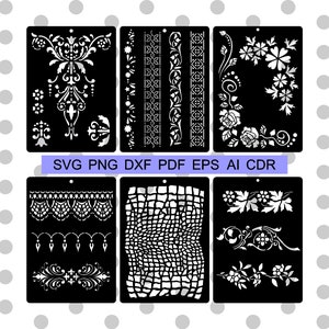 Puede incluir: Conjunto de 9 diseños de plantillas digitales en blanco y negro para manualidades. Los diseños incluyen patrones florales, geométricos y de encaje. SVG PNG DXF PDF EPS AI CDR.