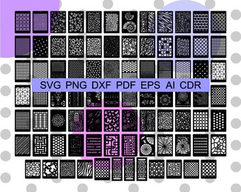 Puede incluir: Una colección de 64 patrones geométricos en blanco y negro dispuestos en una cuadrícula. Los patrones son de varios estilos, incluyendo abstractos, florales y geométricos. El texto "SVG PNG DXF PDF EPS AI CDR" está en la parte inferior de la imagen.