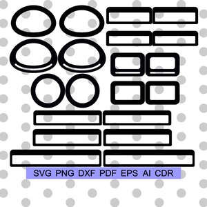 Może przedstawiać: Zestaw czarno-białych, drukowalnych kształtów kół i prostokątów. Kształty idealnie nadają się do tworzenia etykiet, tagów lub innych projektów rękodzielniczych. SVG PNG DXF PDF EPS AI CDR.