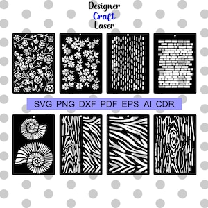 May include: A collection of eight black stencils with various designs, including floral patterns, brickwork, and wood grain textures. The stencils are rectangular with a small hole at the top. The text "Designer Craft Laser" is at the top, and "SVG PNG DXF PDF EPS AI CDR" is at the bottom.
