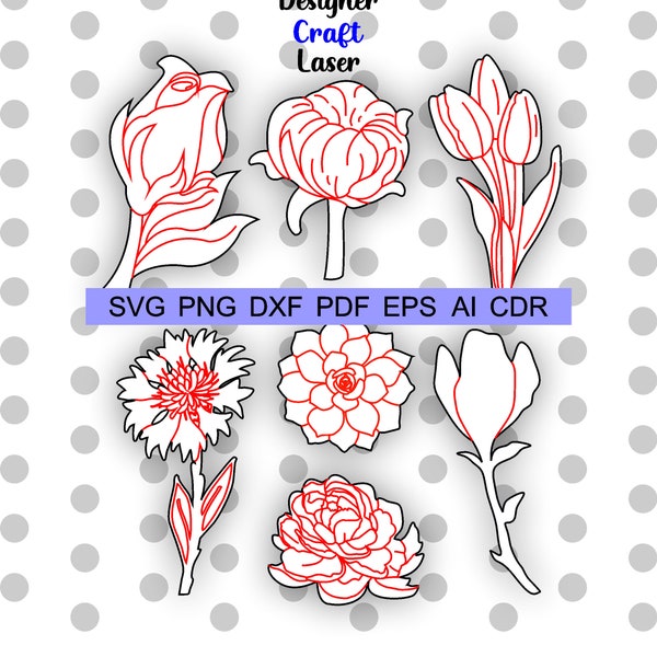 Floral brooch bundle svg, Flower plant for laser cut digital files, laser cutter files laser cut cdr lasercut cdr Spring easter tulips peony