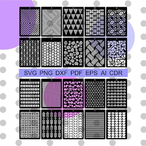 May include: A set of 20 black and white geometric patterns in a grid format. The patterns are in a variety of styles, including stripes, dots, and swirls. The text "SVG PNG DXF PDF EPS AI CDR" is at the bottom of the image.