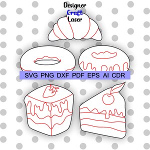 May include: A set of five black and white line drawings of bakery items: a croissant, a donut with a red glaze, a donut with a white glaze, a square cake with a strawberry on top, and a slice of cake with a cherry on top. The text "SVG PNG DXF PDF EPS AI CDR" is below the drawings.