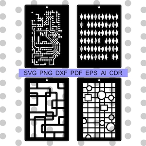 May include: Four black and white digital design patterns for laser cutting or etching. The designs include a circuit board, a diamond pattern, a geometric pattern, and a grid pattern with circles.