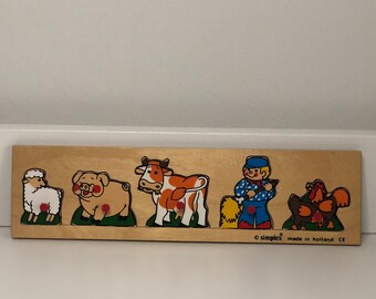 Simplex Vintage Wooden puzzle made in Holland - 1950s retro puzzle , nursery decor, toddler toy with animals and farmer