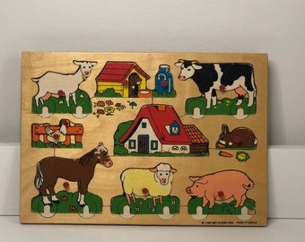 Simplex Vintage Holzpuzzle made in Holland - 1950er Jahre Retro Puzzle, Kinderzimmer Deko, Kleinkind Spielzeug mit Tieren vom Bauernhof und Bauer