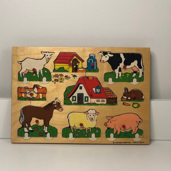 Simplex Vintage houten puzzel gemaakt in Nederland - jaren 1950 retro puzzel, kinderkamer decor, peuter speelgoed met boerderij dieren en boer