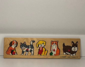 Simplex Vintage Holzpuzzle made in Holland - 1950er Jahre Retro Puzzle, Kinderzimmer Deko, Spielzeug für Kleinkinder mit Hunden und Katzen