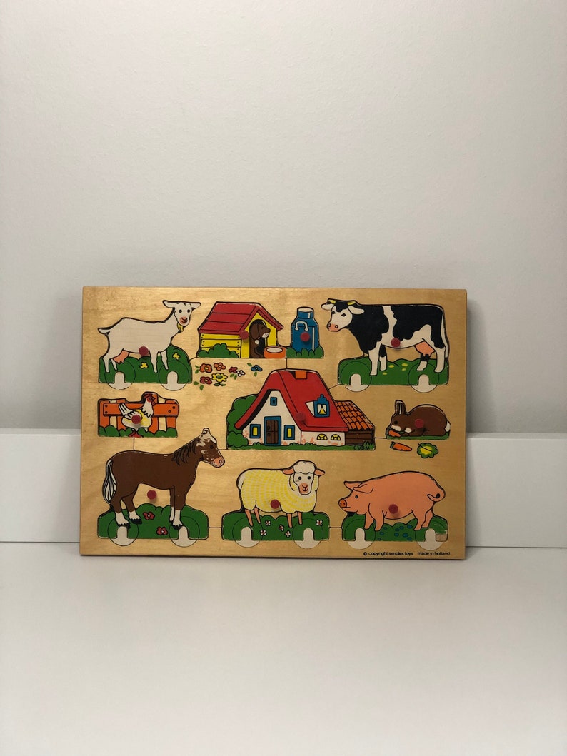 Simplex Vintage Wooden puzzle made in Holland 1950s retro puzzle , nursery decor, toddler toy with farmhouse animals and farmer image 1