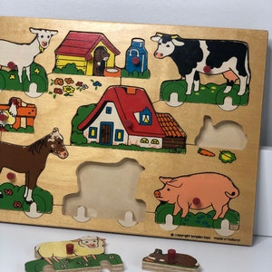 Simplex Vintage Wooden puzzle made in Holland 1950s retro puzzle , nursery decor, toddler toy with farmhouse animals and farmer image 4